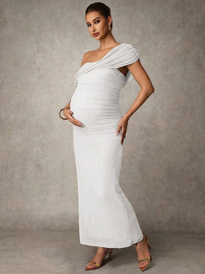 Elegant Solid Color Ruched Asymmetric Neck Slit Maternity Dress, Summer