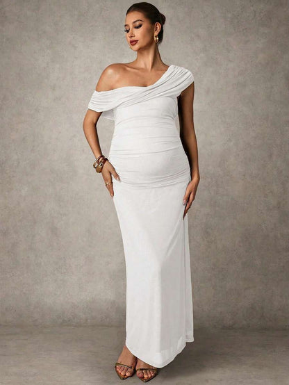 Elegant Solid Color Ruched Asymmetric Neck Slit Maternity Dress, Summer