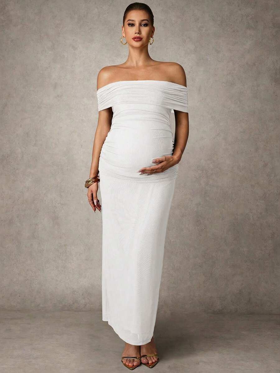 Elegant Solid Color Ruched Asymmetric Neck Slit Maternity Dress, Summer