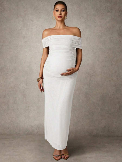 Elegant Solid Color Ruched Asymmetric Neck Slit Maternity Dress, Summer