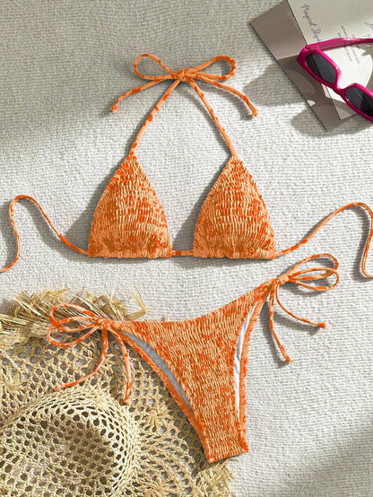 Swim Vcay Women's Ruched Tropical Print Halter Neck Tied Swimsuit And Bikini Set, Summer Beach Vacation