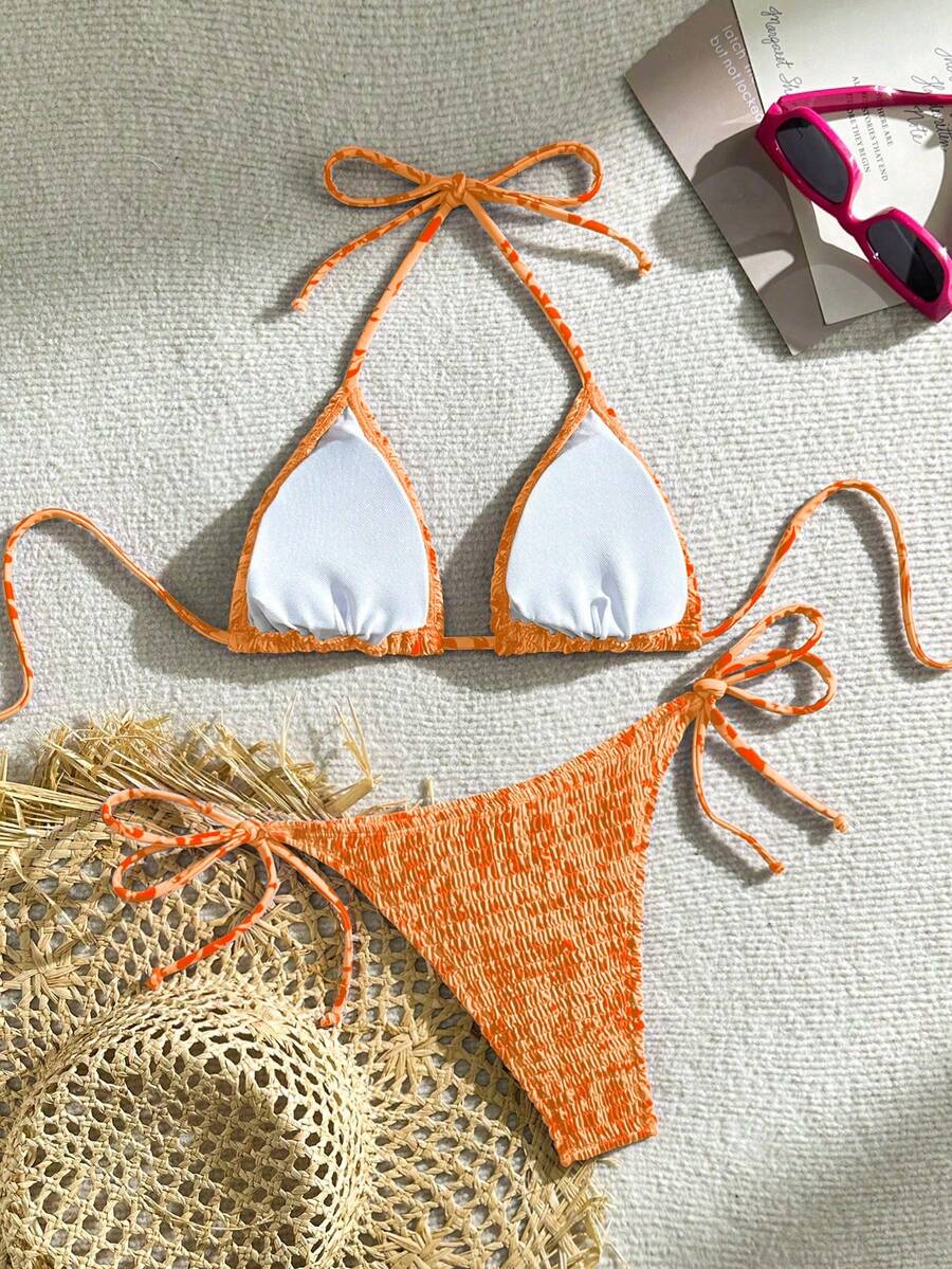 Swim Vcay Women's Ruched Tropical Print Halter Neck Tied Swimsuit And Bikini Set, Summer Beach Vacation