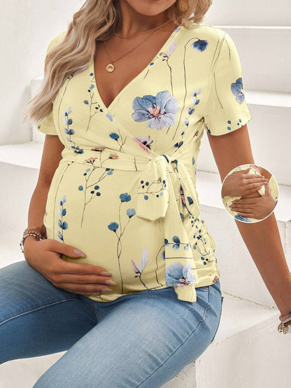 Yellow Floral Maternity & Nursing T-Shirt - V-Neck Short Sleeve Belted Top with High-Stretch Nursing Access