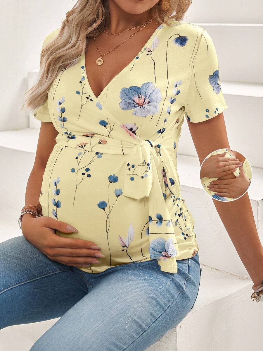 Maternity V-Neck Floral Print Breastfeeding Friendly Short Sleeve T-Shirt, Slim Fit High Stretch Knit Casual Summer Maternity Top