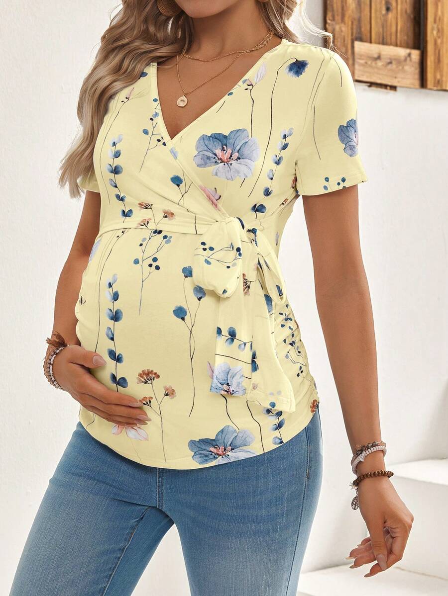 Maternity V-Neck Floral Print Breastfeeding Friendly Short Sleeve T-Shirt, Slim Fit High Stretch Knit Casual Summer Maternity Top