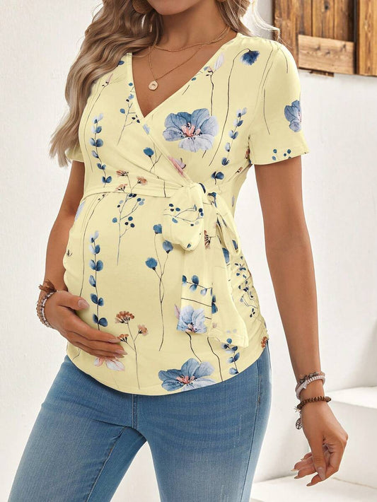Yellow Floral Maternity & Nursing T-Shirt - V-Neck Short Sleeve Belted Top with High-Stretch Nursing Access