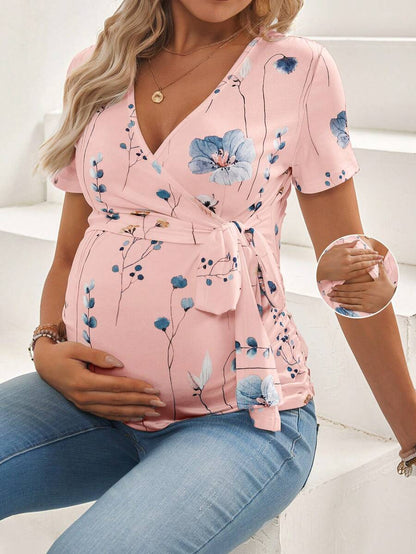 Yellow Floral Maternity & Nursing T-Shirt - V-Neck Short Sleeve Belted Top with High-Stretch Nursing Access