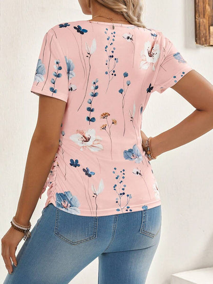 Yellow Floral Maternity & Nursing T-Shirt - V-Neck Short Sleeve Belted Top with High-Stretch Nursing Access