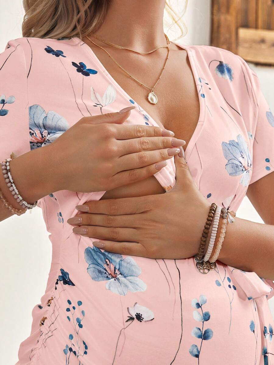 Maternity V-Neck Floral Print Breastfeeding Friendly Short Sleeve T-Shirt, Slim Fit High Stretch Knit Casual Summer Maternity Top