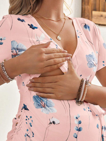 Maternity V-Neck Floral Print Breastfeeding Friendly Short Sleeve T-Shirt, Slim Fit High Stretch Knit Casual Summer Maternity Top