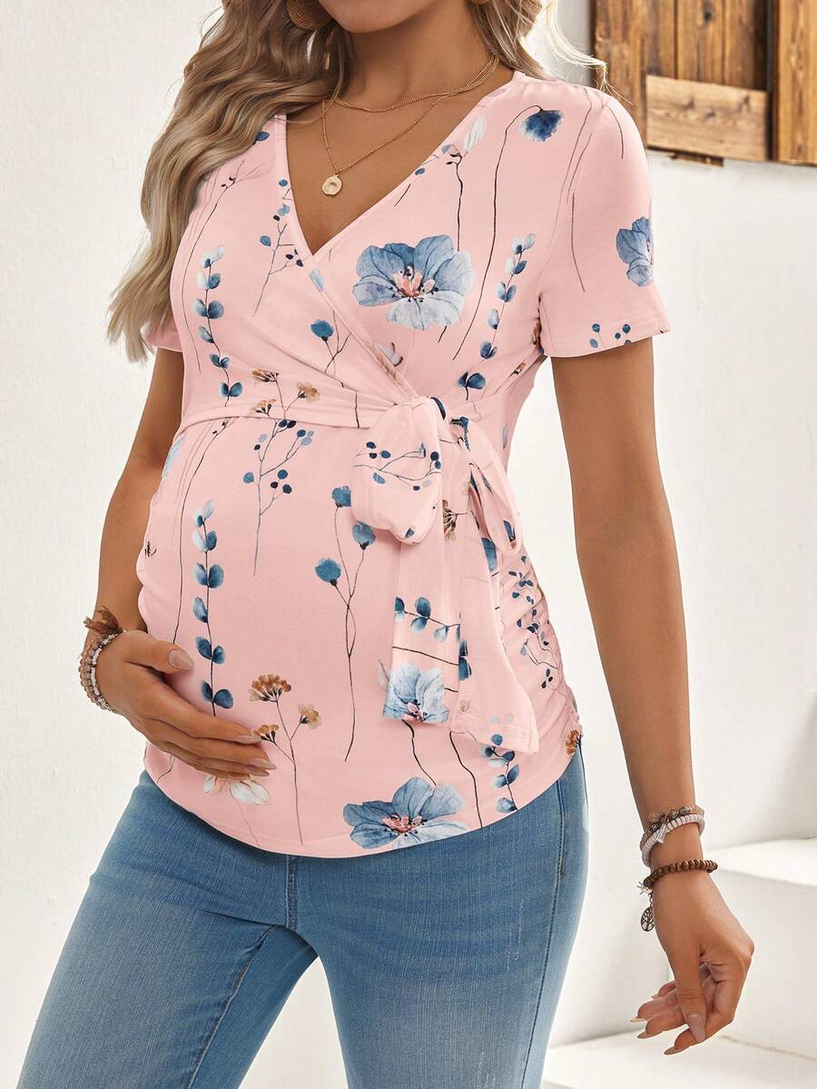 Maternity Floral Print V-Neck Short Sleeve Knot Front T-Shirt Slim Fit Stretchy Knit Top for Casual Daily Wear