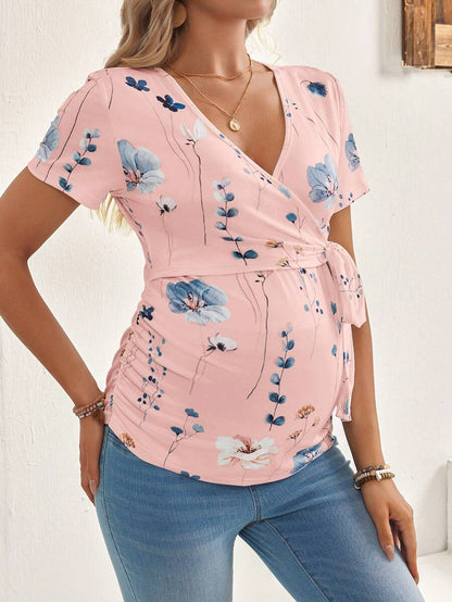 Maternity V-Neck Short Sleeve T-Shirt, Fashionable For Summer