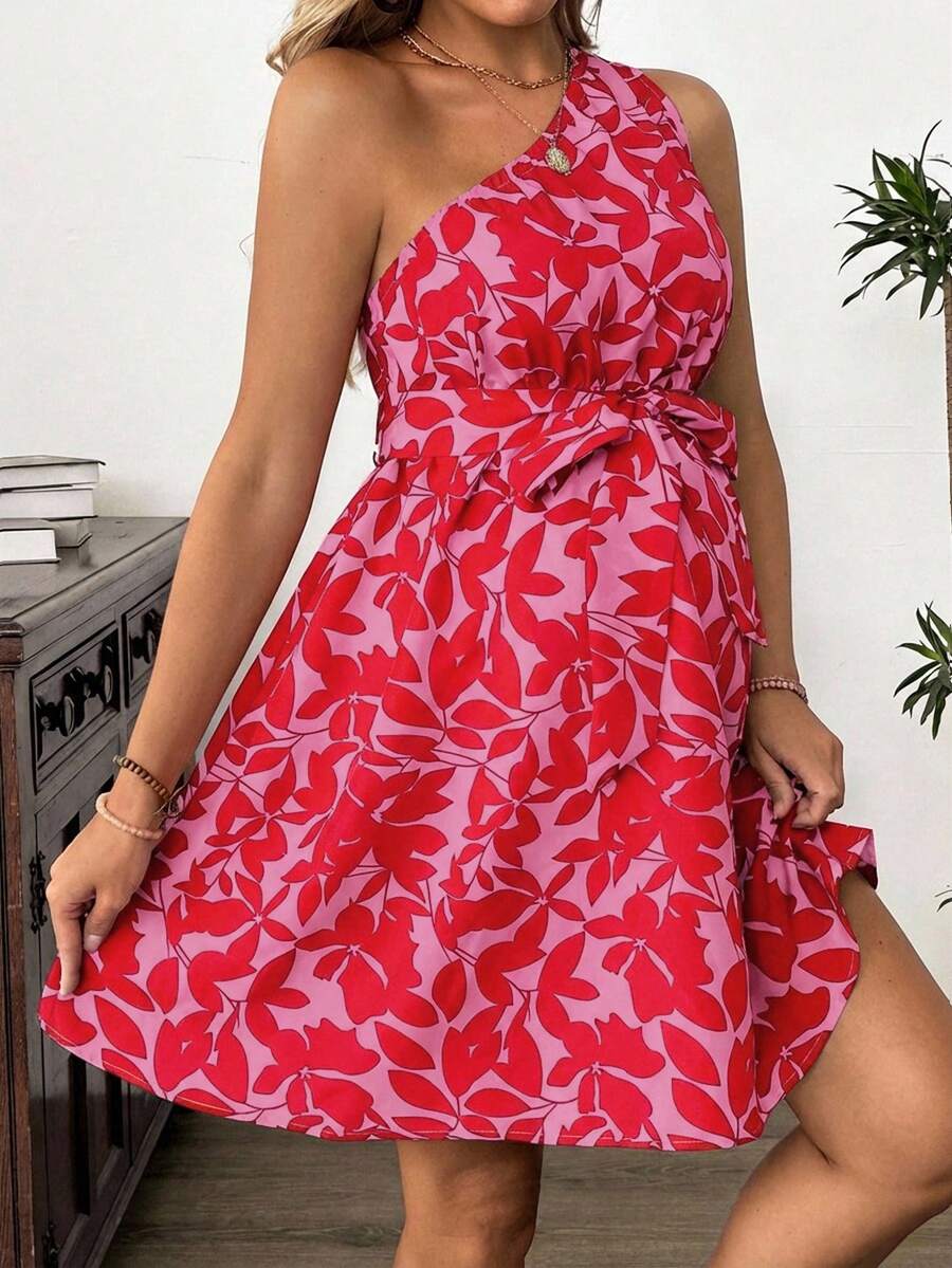 Maternity Floral Print Asymmetric Neck Knee Length Sleeveless Dress Boho A-Line Belted Dress for Office and Events