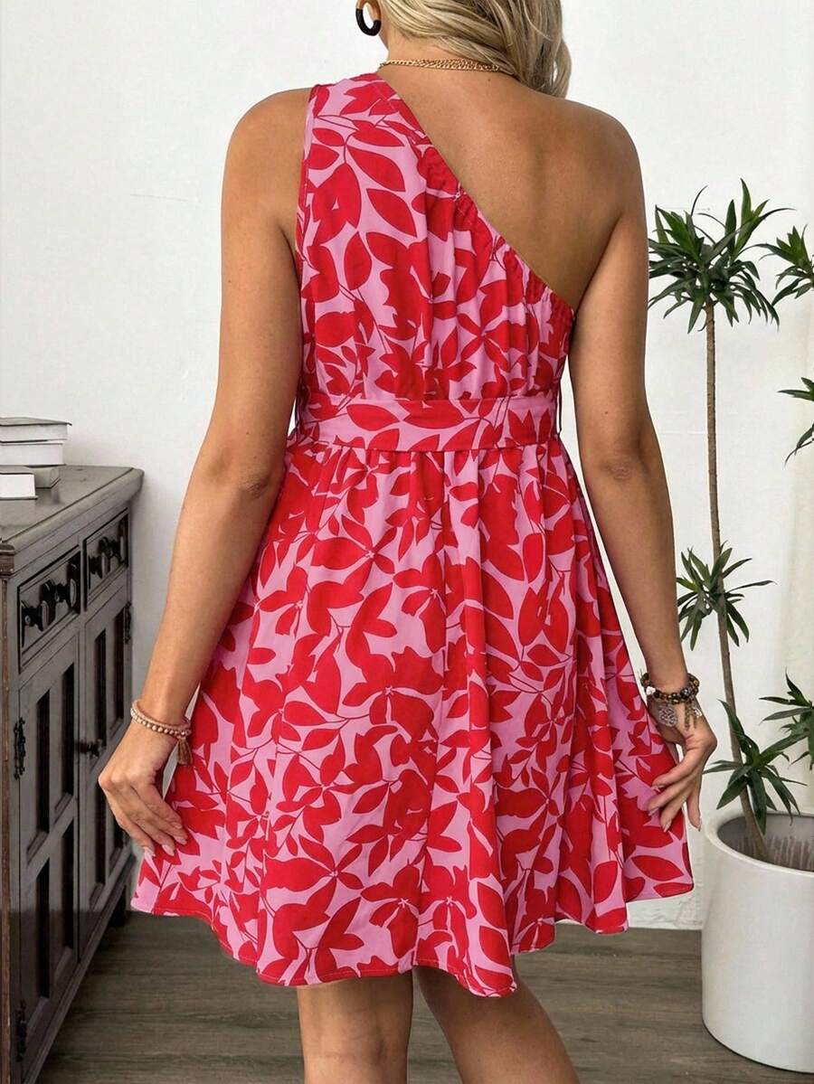 Maternity Floral Print Asymmetric Neck Knee Length Sleeveless Dress Boho A-Line Belted Dress for Office and Events
