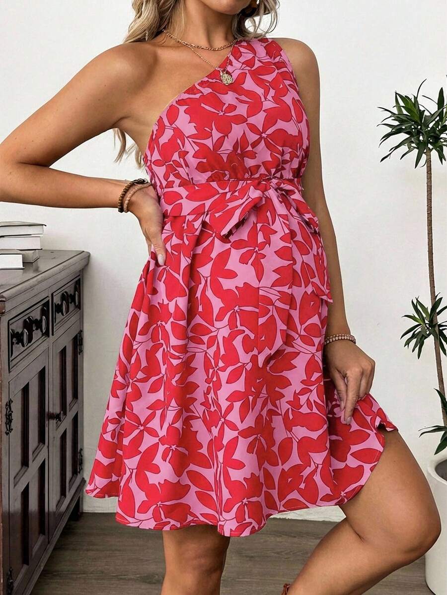 Maternity Floral Print Asymmetric Neck Knee Length Sleeveless Dress Boho A-Line Belted Dress for Office and Events