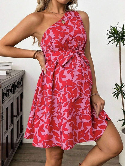 Maternity Floral Print Asymmetric Neck Knee Length Sleeveless Dress Boho A-Line Belted Dress for Office and Events