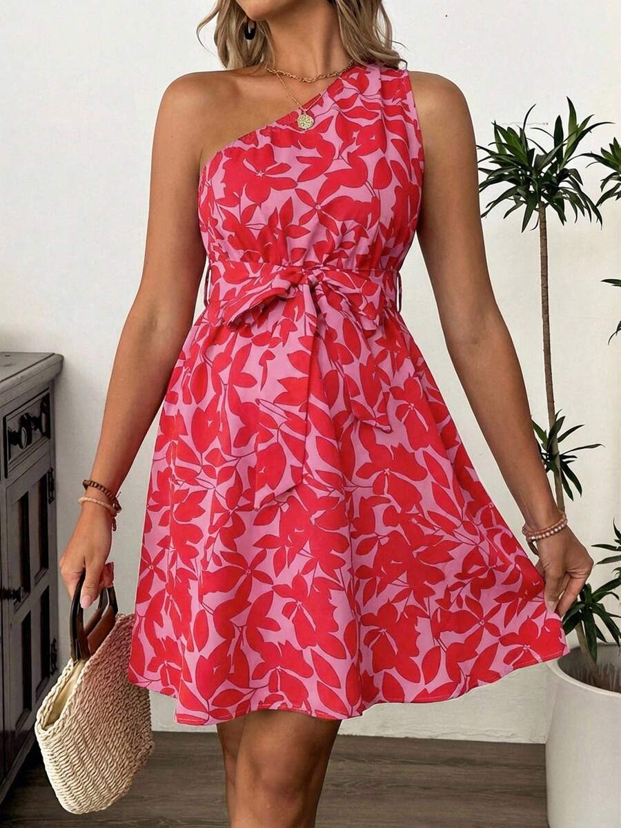 Maternity Floral Print Asymmetric Neck Knee Length Sleeveless Dress Boho A-Line Belted Dress for Office and Events