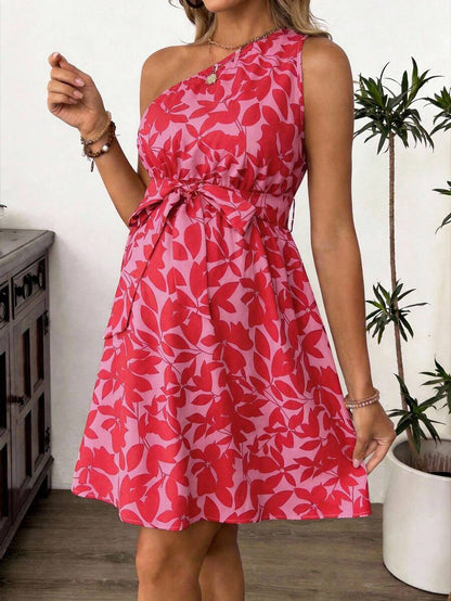 Maternity Floral Print Asymmetric Neck Knee Length Sleeveless Dress Boho A-Line Belted Dress for Office and Events