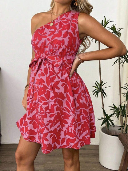 Maternity Floral Print Asymmetric Neck Knee Length Sleeveless Dress Boho A-Line Belted Dress for Office and Events