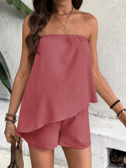 Maternity 2-Piece Dusty Pink Tube Top and Shorts Set Asymmetrical Hem Strapless Bandeau Vacation Outfit for Summer Travel