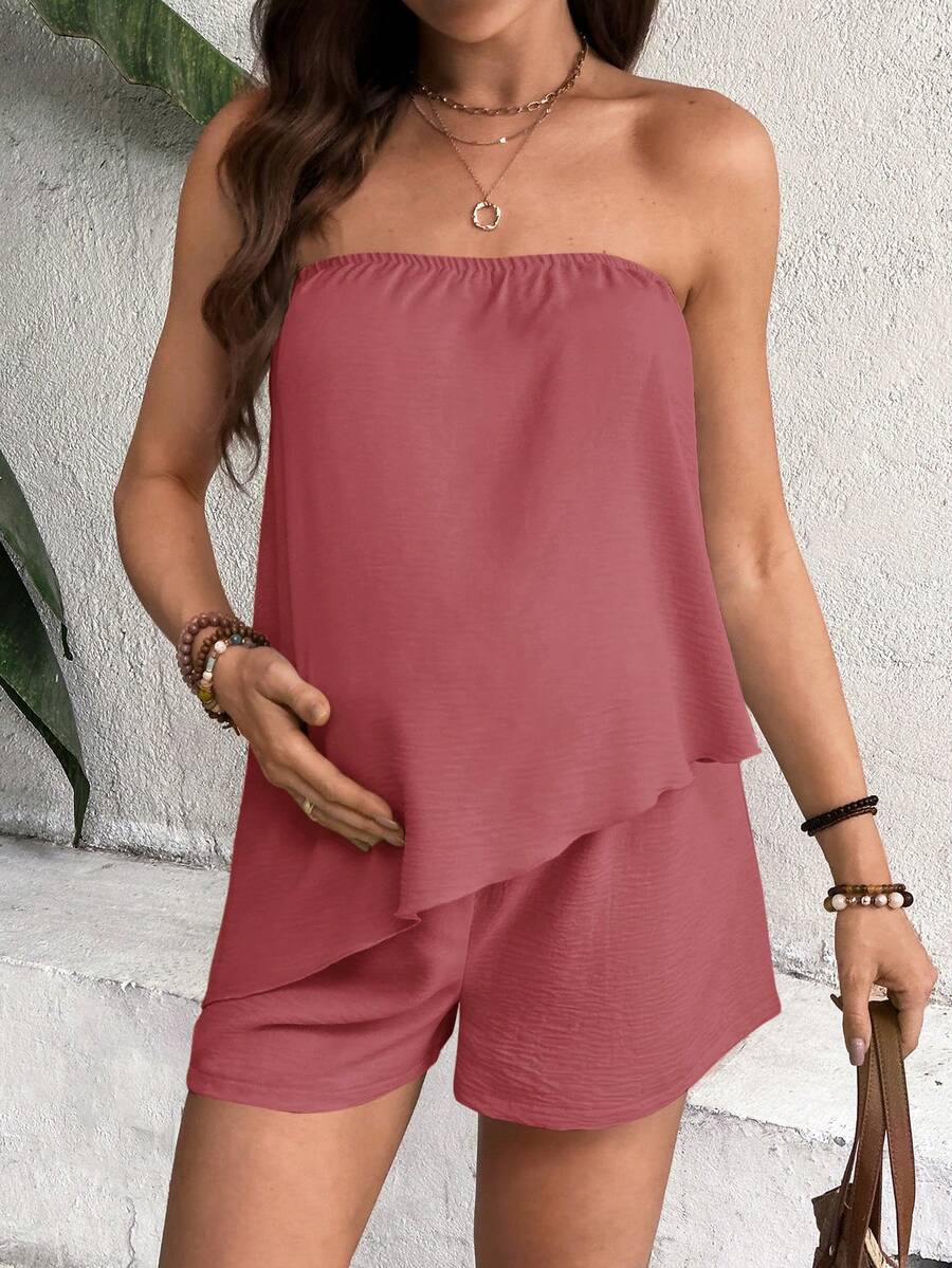 Maternity 2-Piece Dusty Pink Tube Top and Shorts Set Asymmetrical Hem Strapless Bandeau Vacation Outfit for Summer Travel