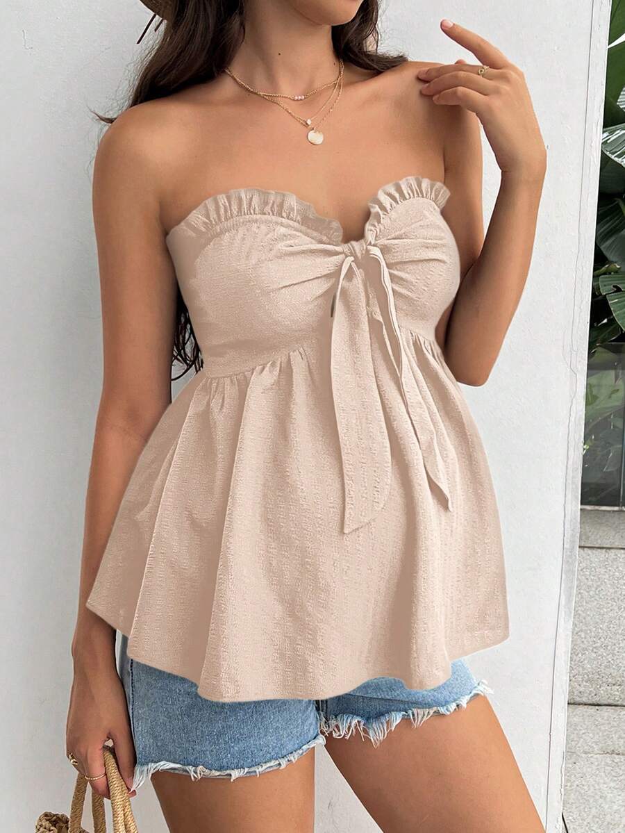 Black Strapless Maternity Peplum Tube Top - Frill Trim Knot Front Regular Fit Flared Hem Non-Stretch Woven Daily Casual Shirt