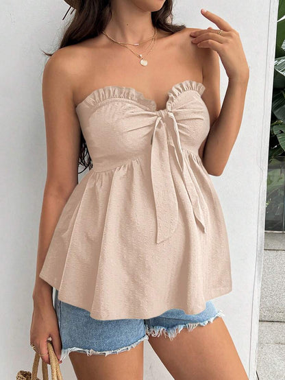 Black Strapless Maternity Peplum Tube Top - Frill Trim Knot Front Regular Fit Flared Hem Non-Stretch Woven Daily Casual Shirt