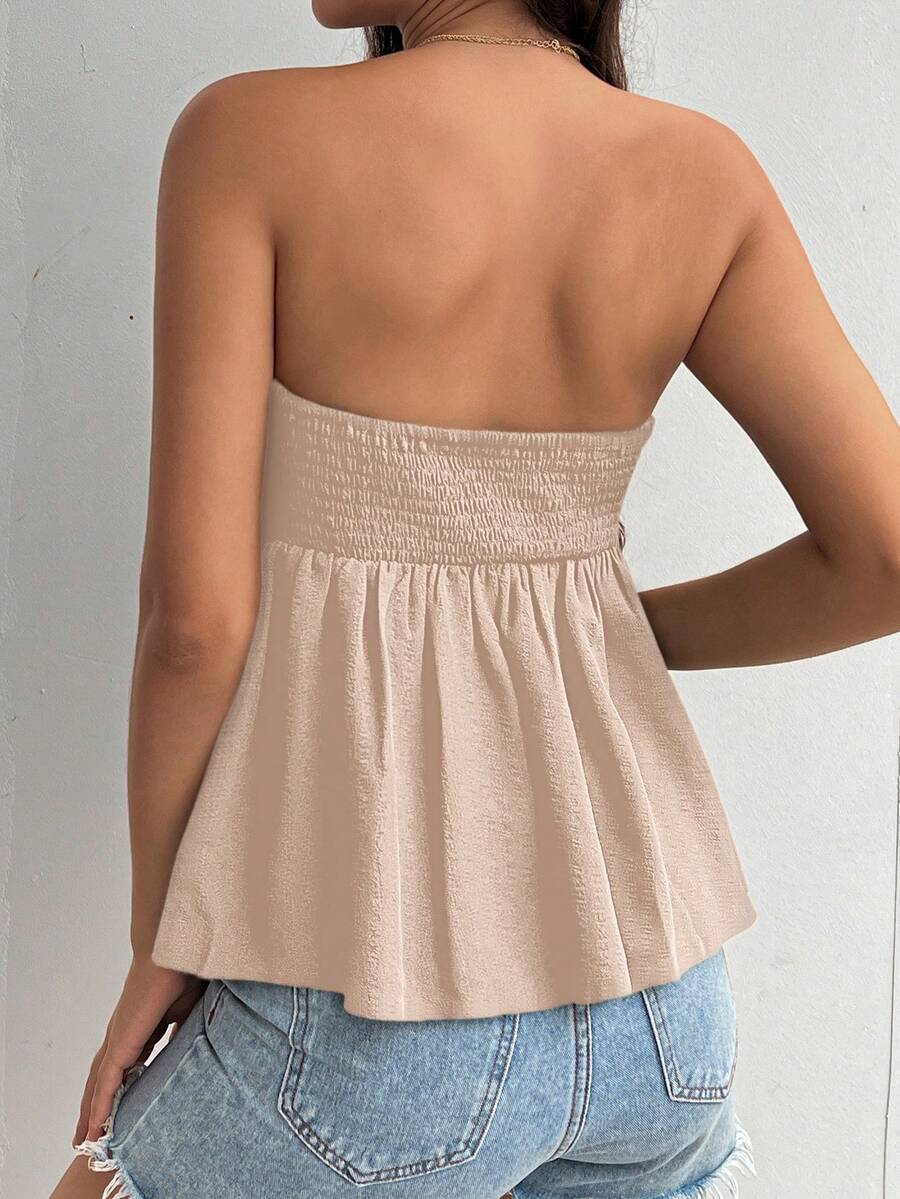 Black Strapless Maternity Peplum Tube Top - Frill Trim Knot Front Regular Fit Flared Hem Non-Stretch Woven Daily Casual Shirt