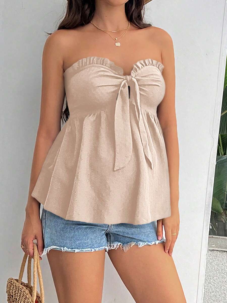 Black Strapless Maternity Peplum Tube Top - Frill Trim Knot Front Regular Fit Flared Hem Non-Stretch Woven Daily Casual Shirt