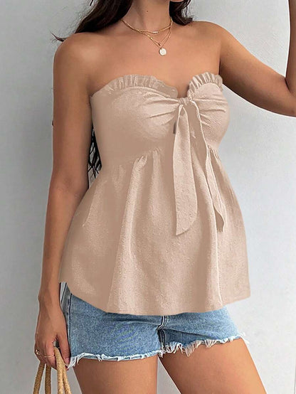 Black Strapless Maternity Peplum Tube Top - Frill Trim Knot Front Regular Fit Flared Hem Non-Stretch Woven Daily Casual Shirt