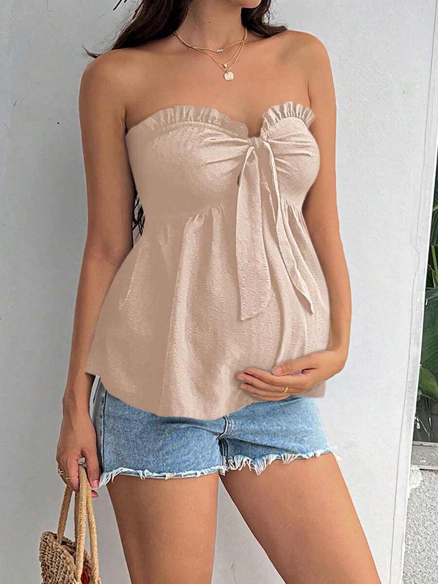Black Strapless Maternity Peplum Tube Top - Frill Trim Knot Front Regular Fit Flared Hem Non-Stretch Woven Daily Casual Shirt