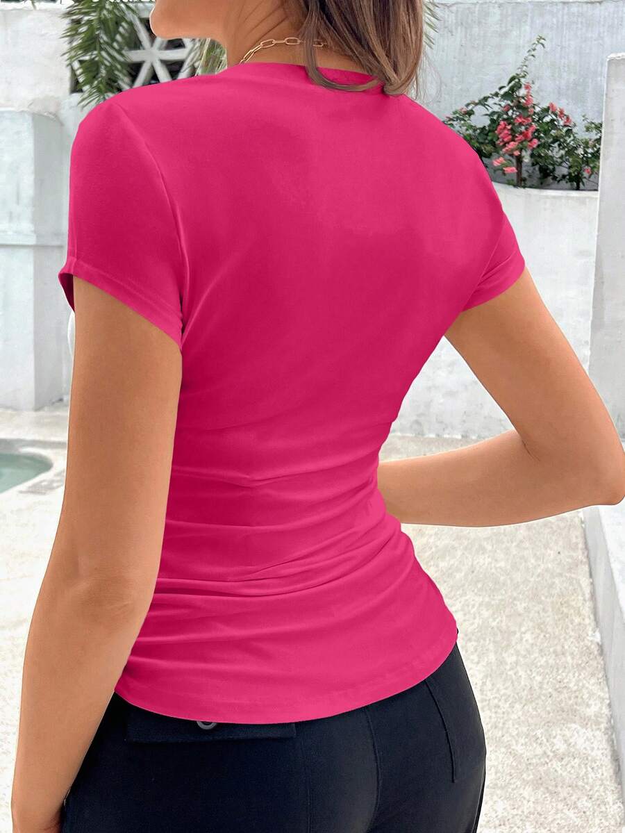 Maternity Slim Fit V-Neck Short Sleeve Pleated T-Shirt in Coffee Brown, Casual Summer Knitted Pregnancy Top