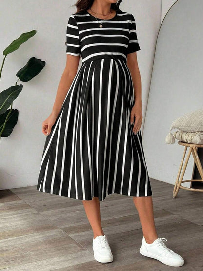 Maternity A Line Midi Dress - Scoop Neck, Side Stripe, Short Sleeve, Slim Fit, Khaki