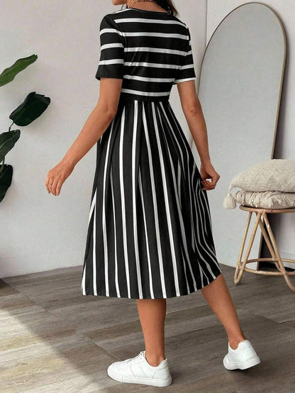 Maternity A Line Midi Dress - Scoop Neck, Side Stripe, Short Sleeve, Slim Fit, Khaki