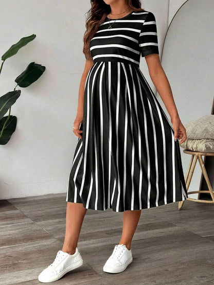 Maternity A Line Midi Dress - Scoop Neck, Side Stripe, Short Sleeve, Slim Fit, Khaki
