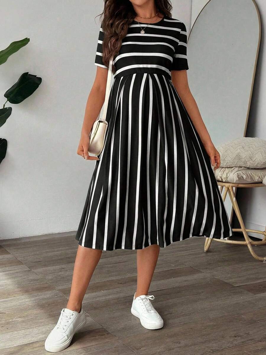 Maternity A Line Midi Dress - Scoop Neck, Side Stripe, Short Sleeve, Slim Fit, Khaki