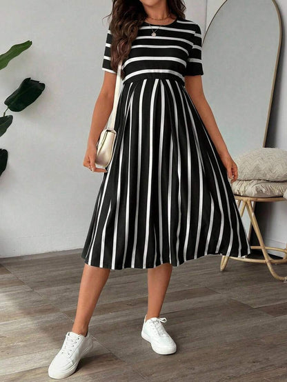 Maternity A Line Midi Dress - Scoop Neck, Side Stripe, Short Sleeve, Slim Fit, Khaki