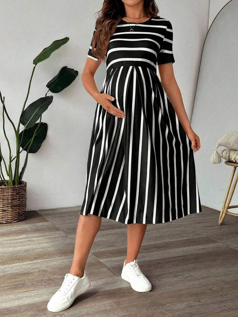 Maternity A Line Midi Dress - Scoop Neck, Side Stripe, Short Sleeve, Slim Fit, Khaki