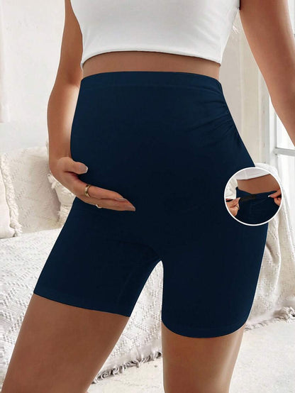 Royal Blue Ruched Maternity Shorts – High-Stretch Mid-Waist Beach Shorts with Frill Trim Details and Elastic Waist