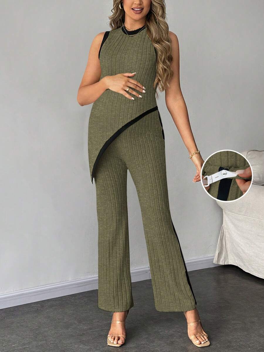 2-Piece Maternity Slim Fit Sleeveless Top and Straight Leg Pants Set - Asymmetrical Round Neck High Stretch Knit Casual Lounge Set