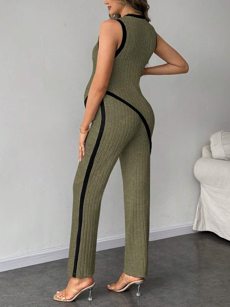 2-Piece Maternity Slim Fit Sleeveless Top and Straight Leg Pants Set - Asymmetrical Round Neck High Stretch Knit Casual Lounge Set