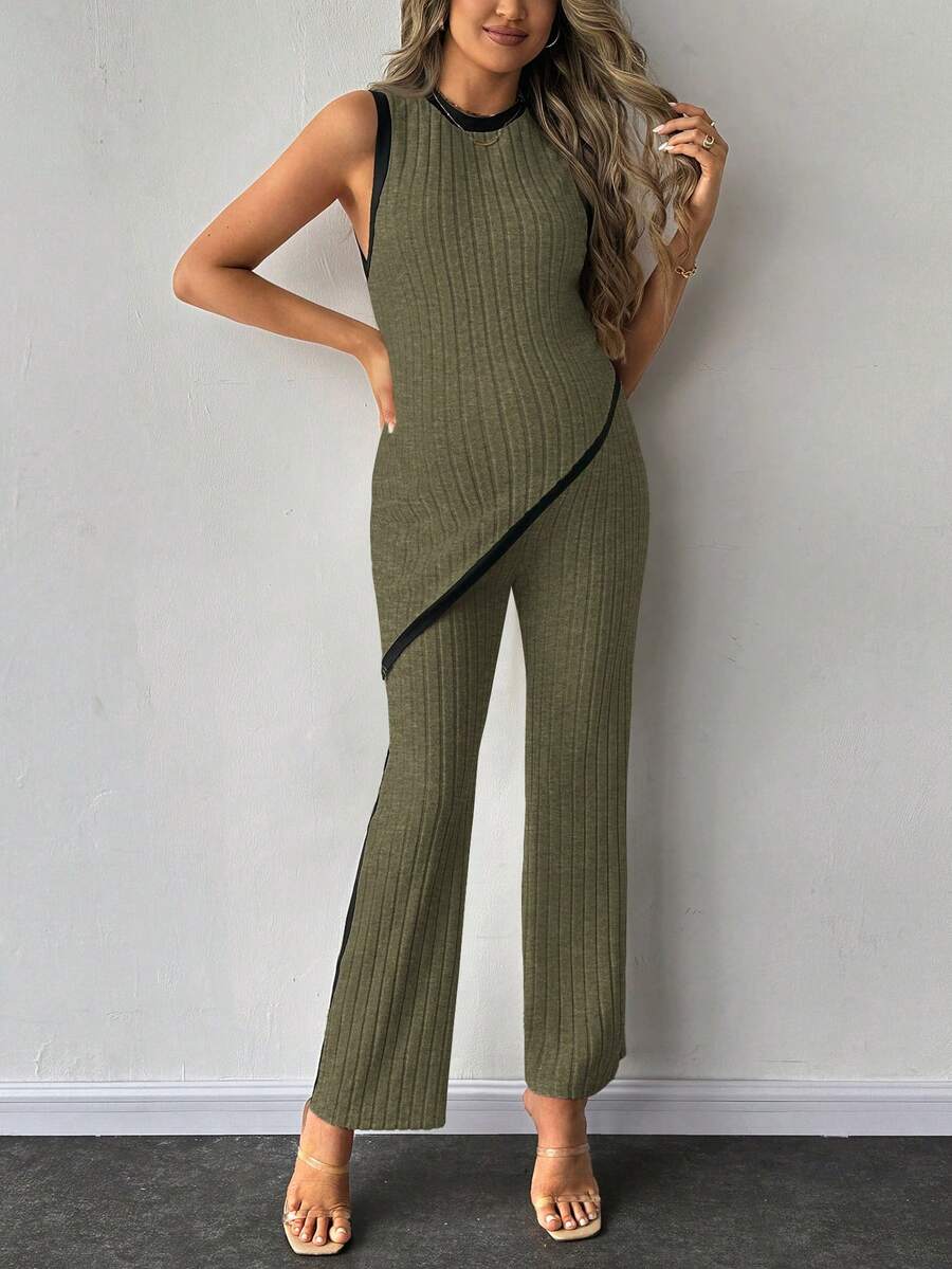 2-Piece Maternity Slim Fit Sleeveless Top and Straight Leg Pants Set - Asymmetrical Round Neck High Stretch Knit Casual Lounge Set