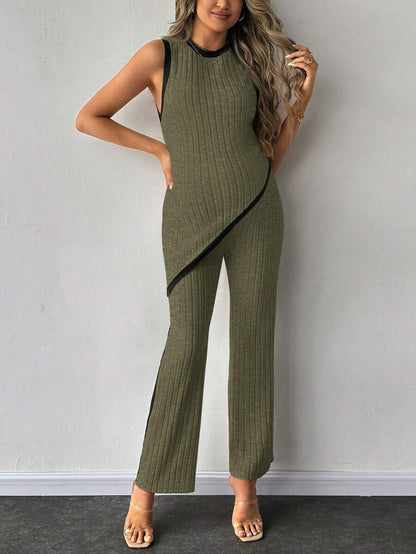 2-Piece Maternity Slim Fit Sleeveless Top and Straight Leg Pants Set - Asymmetrical Round Neck High Stretch Knit Casual Lounge Set