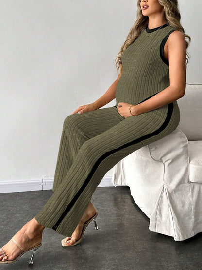 2-Piece Maternity Slim Fit Sleeveless Top and Straight Leg Pants Set - Asymmetrical Round Neck High Stretch Knit Casual Lounge Set