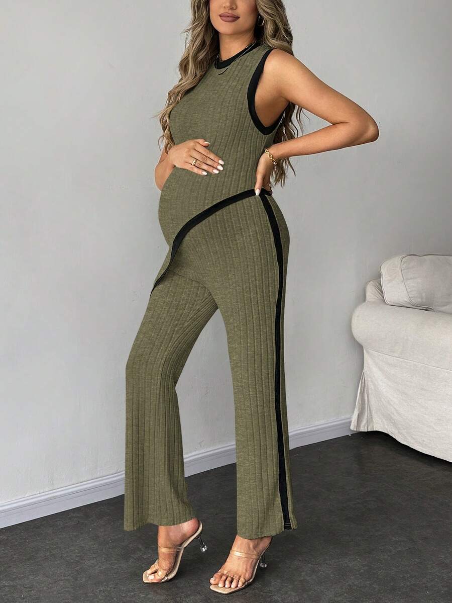 2-Piece Maternity Slim Fit Sleeveless Top and Straight Leg Pants Set - Asymmetrical Round Neck High Stretch Knit Casual Lounge Set