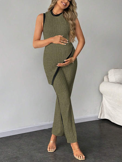 2-Piece Maternity Slim Fit Sleeveless Top and Straight Leg Pants Set - Asymmetrical Round Neck High Stretch Knit Casual Lounge Set