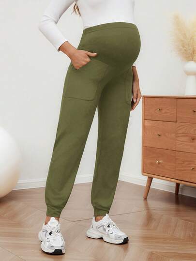 Maternity Sports Sweatpants Army Green Ultra High Waist Belly Support Knitted Joggers with Pockets for Beach and Casual Wear
