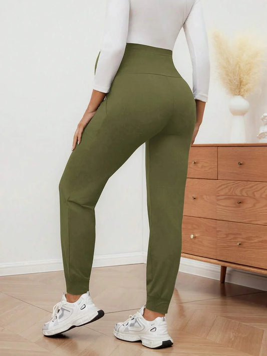Maternity Sports Sweatpants Army Green Ultra High Waist Belly Support Knitted Joggers with Pockets for Beach and Casual Wear