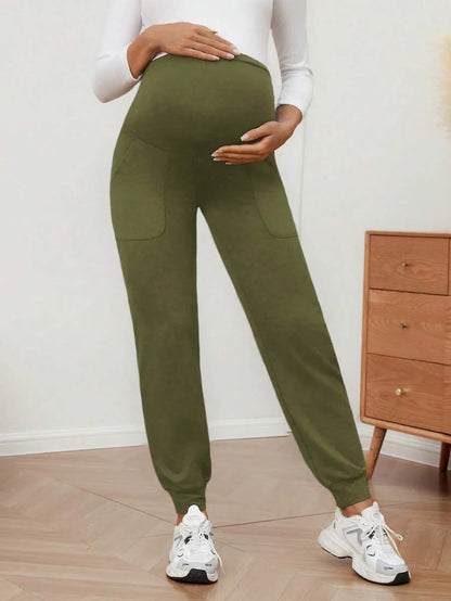 Maternity Sports Sweatpants Army Green Ultra High Waist Belly Support Knitted Joggers with Pockets for Beach and Casual Wear