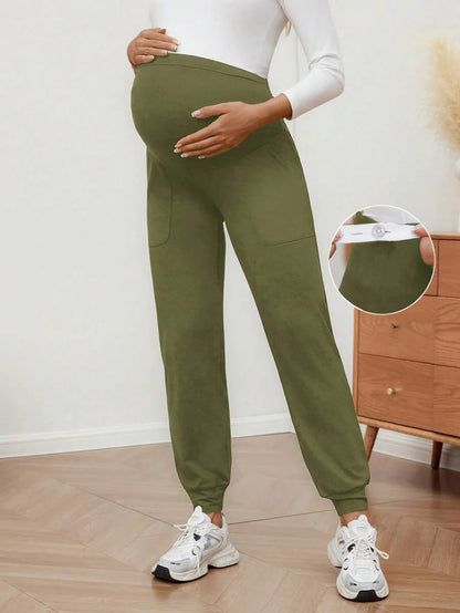 Maternity Sports Sweatpants Army Green Ultra High Waist Belly Support Knitted Joggers with Pockets for Beach and Casual Wear